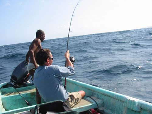 Steve Pitts plays a big dolphin fish.